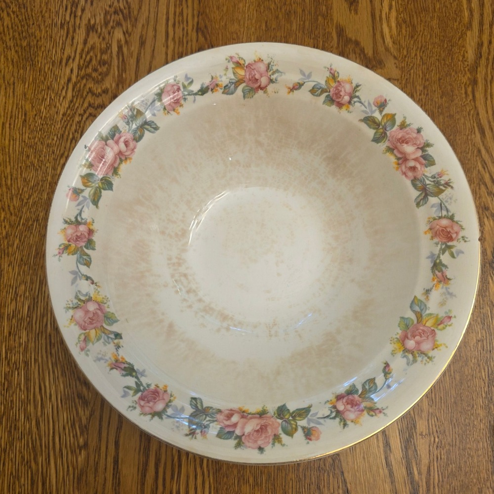 Vintage Crown Potteries Co Pink Rose Floral Ceramic Bowl Gold Trim 8.5" Damage